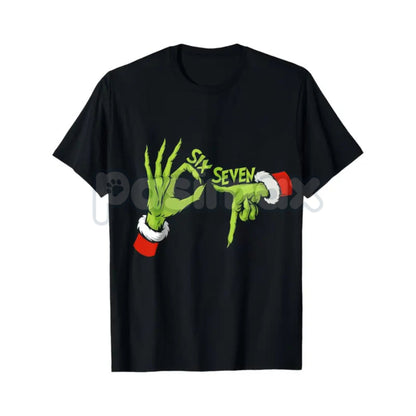 Grinch Hands "Six Seven" Christmas T-Shirt - Funny Gen Alpha Holiday Party Wear, Grinch Meme Slogan Tee, Ironic Festive Apparel