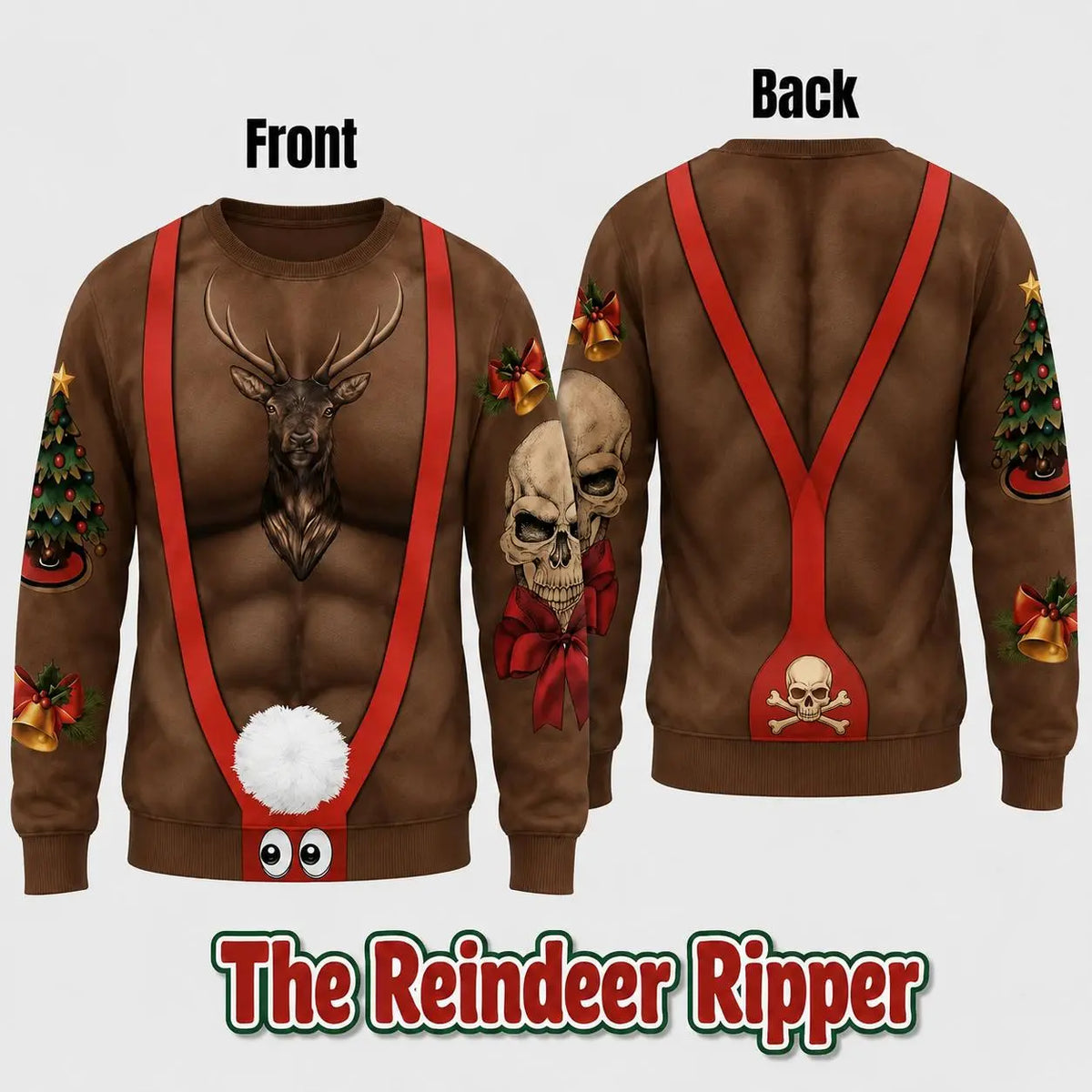 Cheeky Santa Ugly Christmas Sweatshirt, Funny Costume Illusion Crewneck Pullover with Elf and Reindeer Print Knitted Sweater