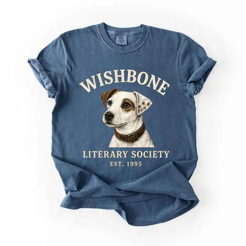 Comfort Colors® "Literary Society" Wishbone Dog T-Shirt – Retro Nostalgic 90s Childhood Bookworm Graphic Tee, Vintage Aesthetic Reader Gift Top