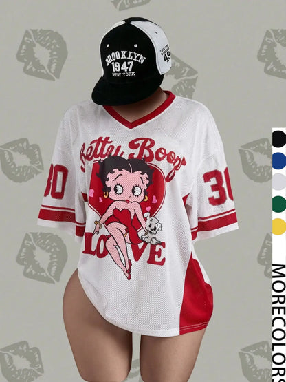 Streetwear Y2K Mesh Top – Vintage Doll Print V-Neck Shirt, Breathable Retro Aesthetic for Women