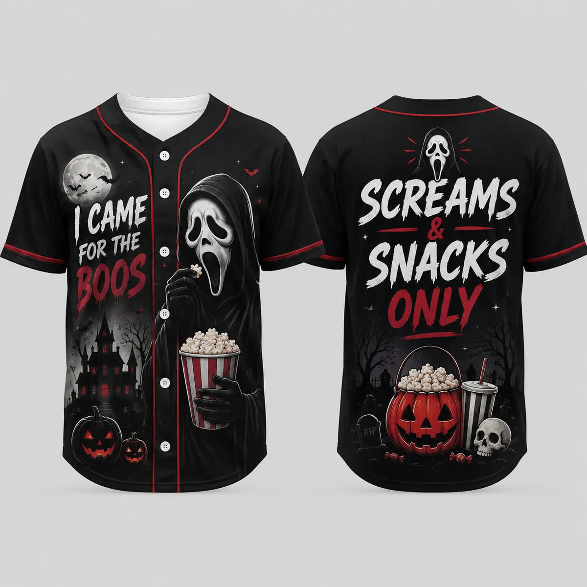 Unisex Horror Graphic Print Baseball Jersey – Slasher Theme Button-Up & Spooky Party Wear