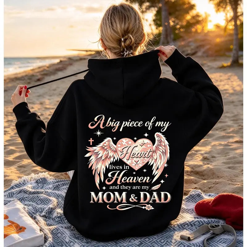 A Big Piece Of My Heart Lives In Heaven Memorial Back Print Hoodie – In Loving Memory Graphic Pullover, Angel Wing Remembrance Sweatshirt, Unisex Heavy Blend