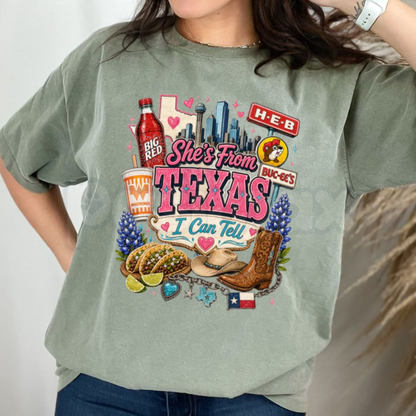 Comfort Colors® "She's From Texas" T-Shirt – Vintage Texas Pride Graphic Tee, Retro Bluebonnet Cowboy Boots Top, Southern Aesthetic Country Gift