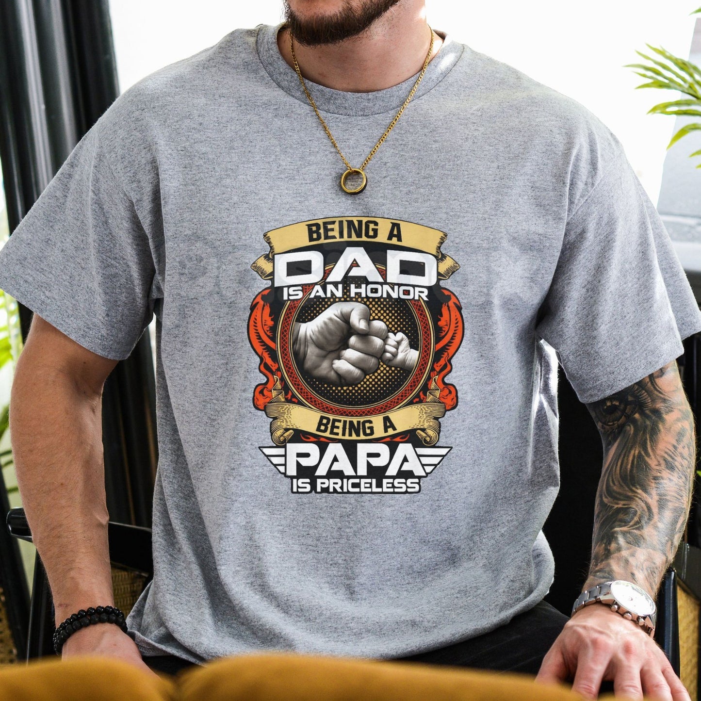 "Being A Papa Is Priceless" Hand Fist Bump T-Shirt – Ultimate Fatherhood Tribute Graphic Tee, Premium 100% Cotton Grandpa Top, Soft Lived-In Heavyweight Family Legacy Shirt, Made in USA