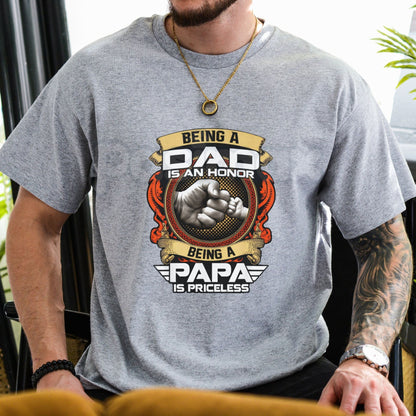 "Being A Papa Is Priceless" Hand Fist Bump T-Shirt – Ultimate Fatherhood Tribute Graphic Tee, Premium 100% Cotton Grandpa Top, Soft Lived-In Heavyweight Family Legacy Shirt, Made in USA