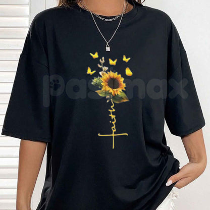 Sunflower Faith Cross T-Shirt – Yellow Butterflies Christian Unisex Cotton Graphic Tee