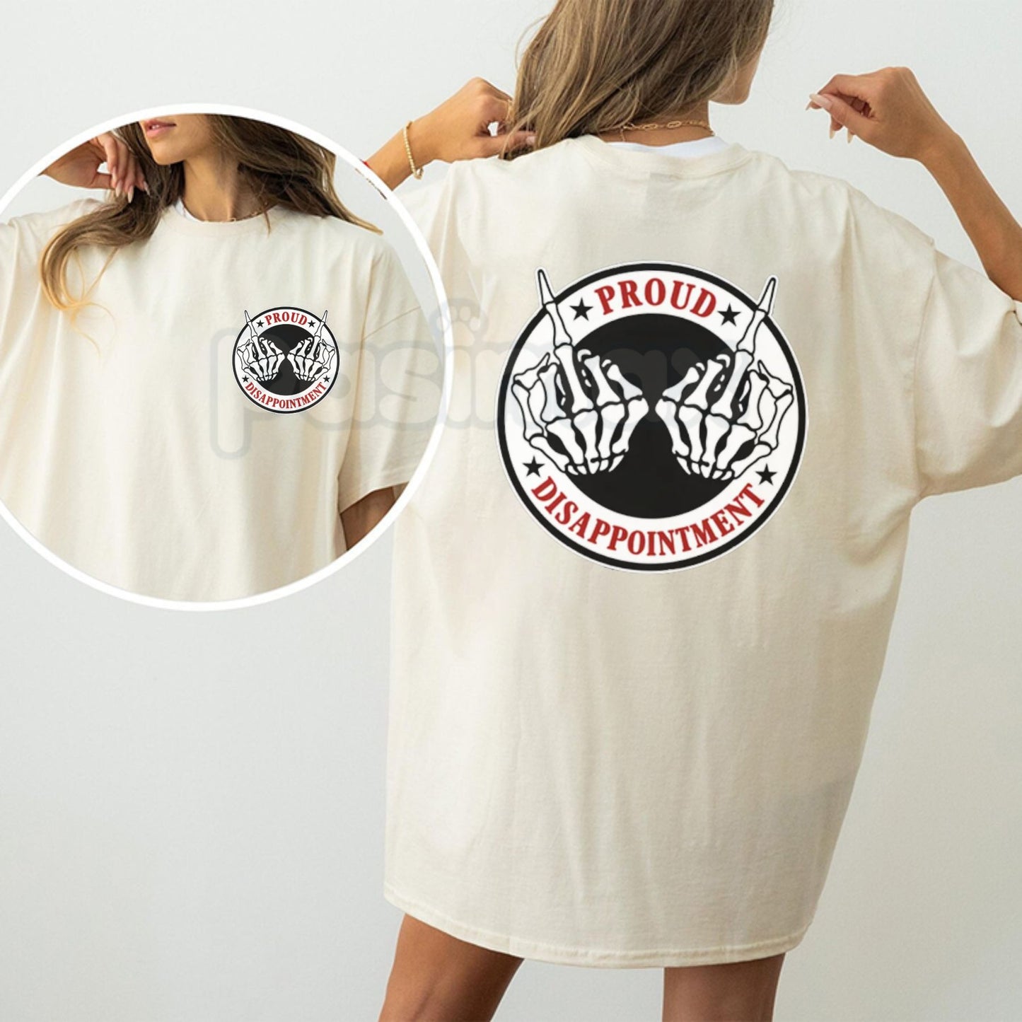 "PROUD DISAPPOINTMENT" T-Shirt - Defiant Bone Hand Graphic Tee, Dark Humor Slogan Shirt, Men's Edgy Self-Deprecating Apparel