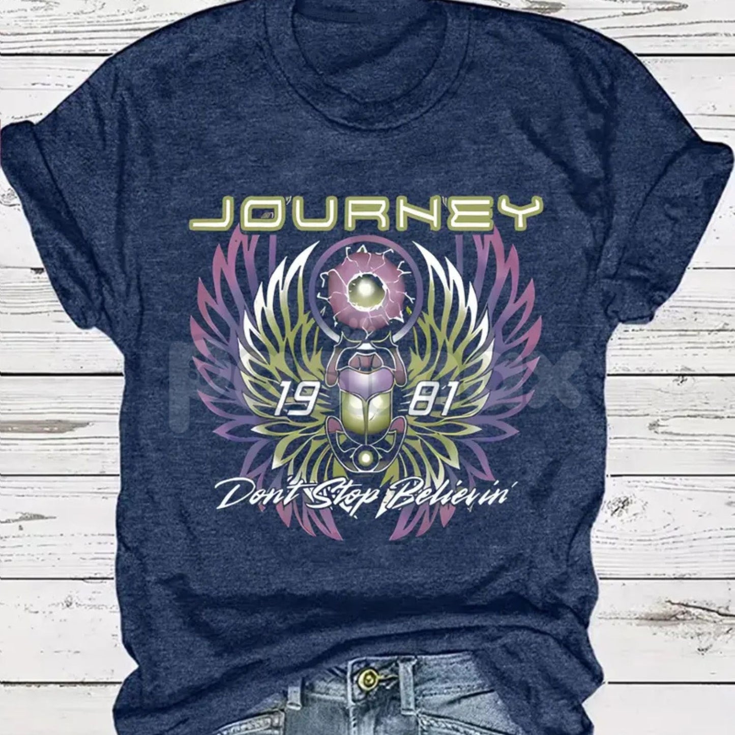 "Don't Stop Believin'" 1981 Vintage Print T-Shirt – Journey Band Inspired Graphic Tee, Premium 100% Cotton Retro Rock Top, Soft Lived-In Heavyweight Midnight Train Shirt, Made in USA