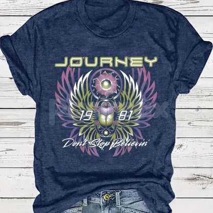 "Don't Stop Believin'" 1981 Vintage Print T-Shirt – Journey Band Inspired Graphic Tee, Premium 100% Cotton Retro Rock Top, Soft Lived-In Heavyweight Midnight Train Shirt, Made in USA