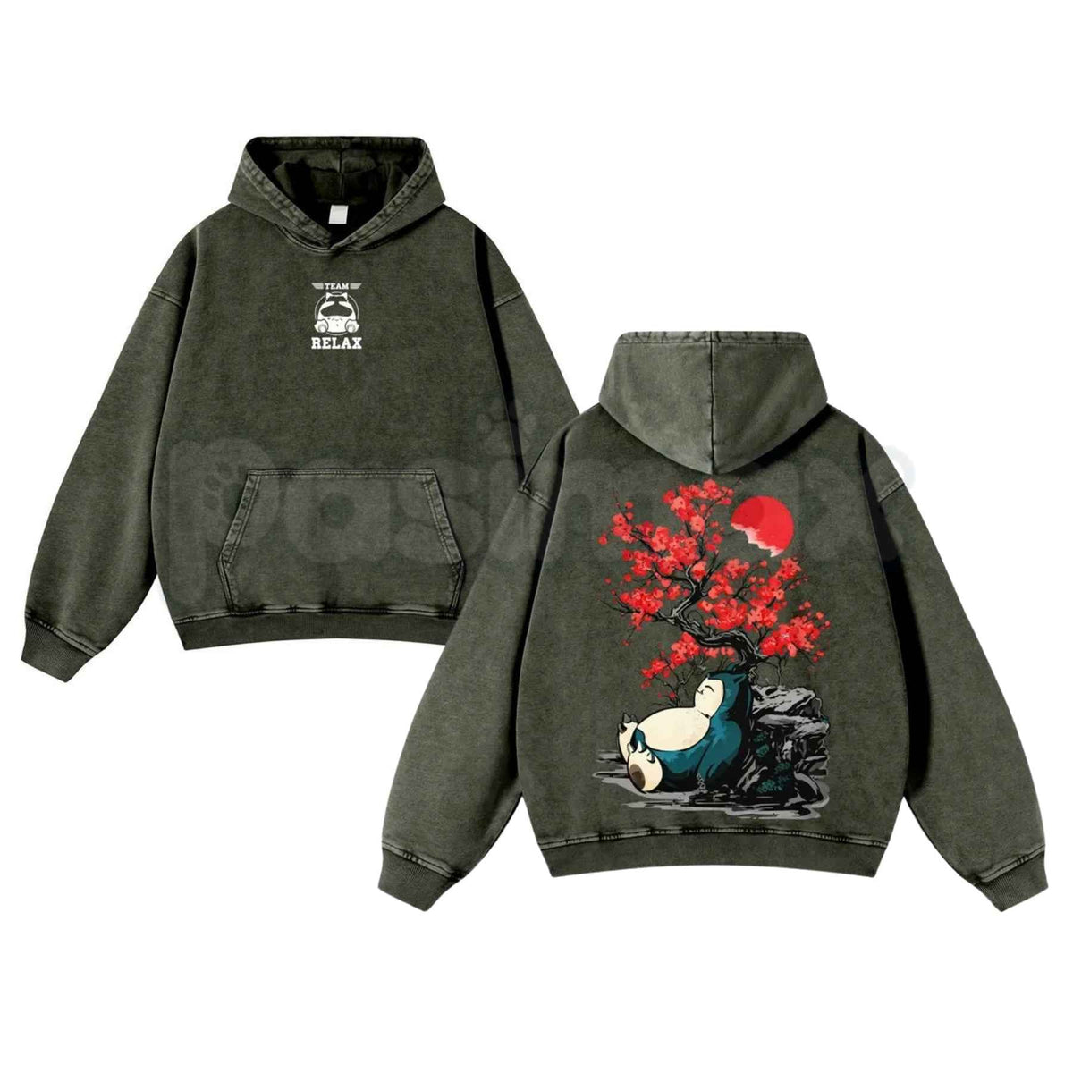 Japanese Red Plum Blossoms & Plump Beast Washed Hoodie – Ink-Wash Red Sun Graphic Pullover, Unisex Aesthetic Streetwear