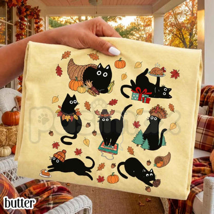 Comfort Colors® Retro Thanksgiving Black Cat T-Shirt – Vintage Cozy Season Graphic Tee, Cute Kitty Autumn Unisex Top