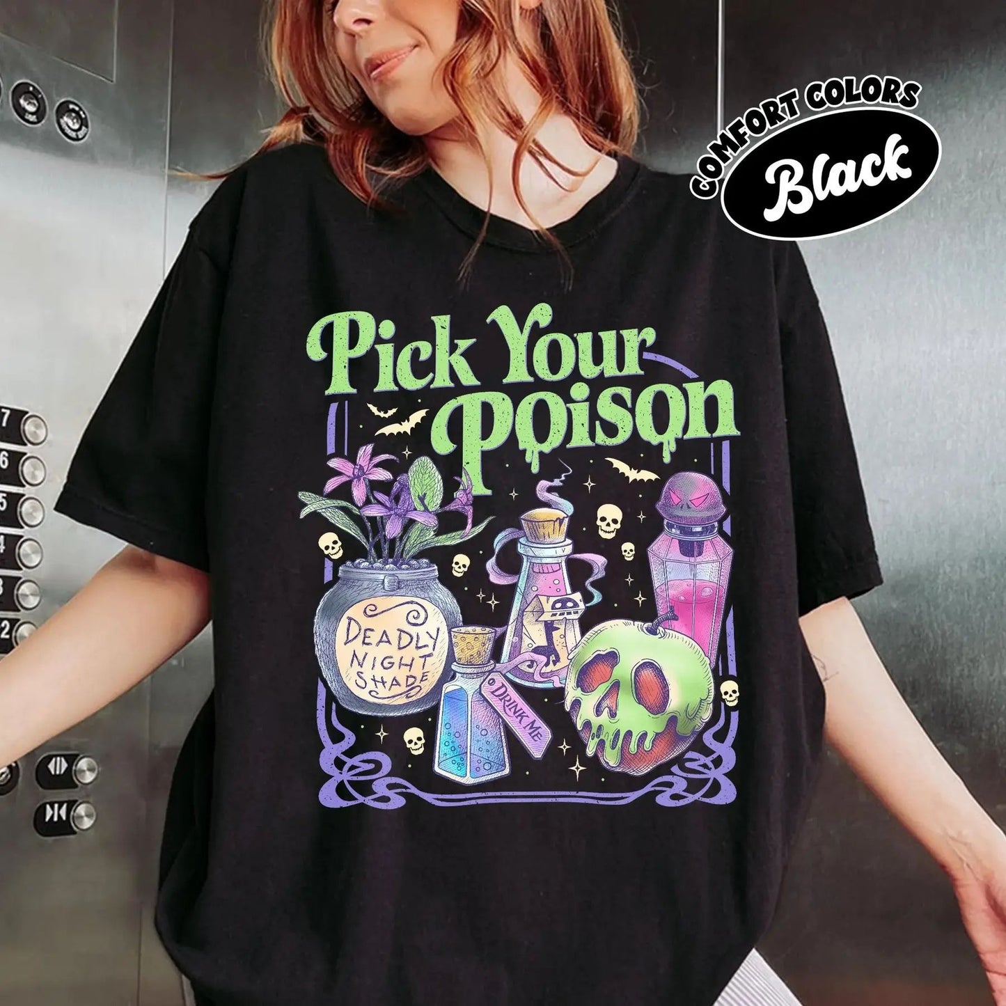 'Pick Your Poison' Vintage Disney Villain Tee – Halloween Potion Shirt, Wicked Humor Top, Spooky Retro Apparel