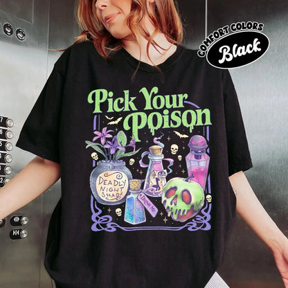 'Pick Your Poison' Vintage Disney Villain Tee – Halloween Potion Shirt, Wicked Humor Top, Spooky Retro Apparel