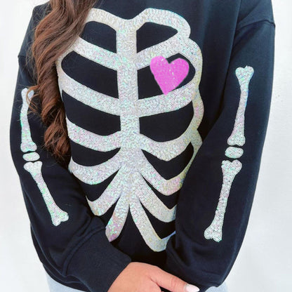 Sequin Skeleton Halloween Sweatshirt for Women – Spooky Casual Crew Neck Pullover, Long Sleeve Fall Streetwear