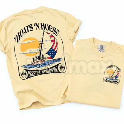 Comfort Colors® "Boats and Hoez" T-Shirt – Retro Step Brothers Movie Graphic Tee, Prestige Worldwide Yacht Party Shirt, Funny Cult Classic Comedy Top
