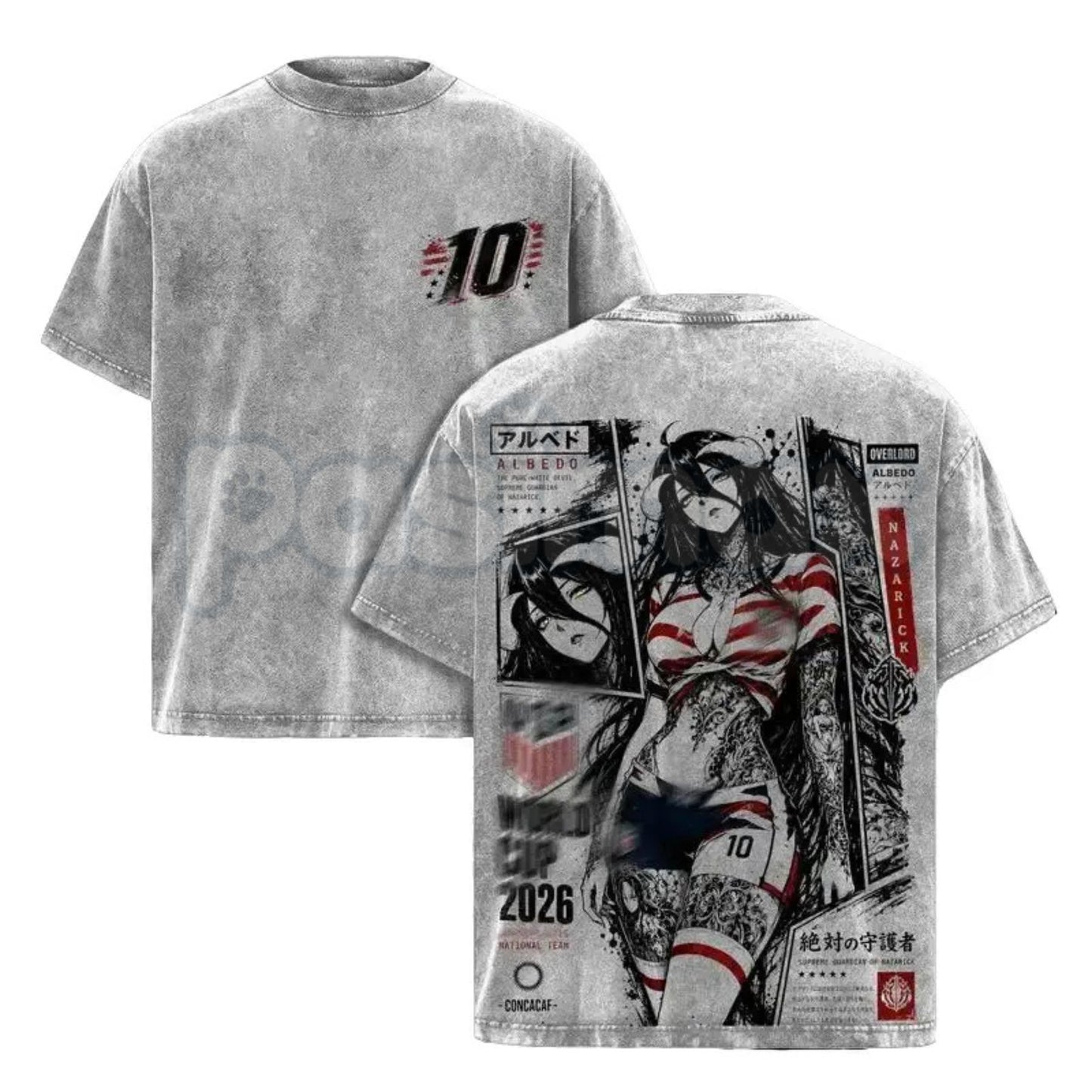 Albedo Overlord Anime T-Shirt – Retro Double Printed Guardian Graphic Tee, Vintage Washed Dark Fantasy Lightweight Cotton Unisex Manga Top