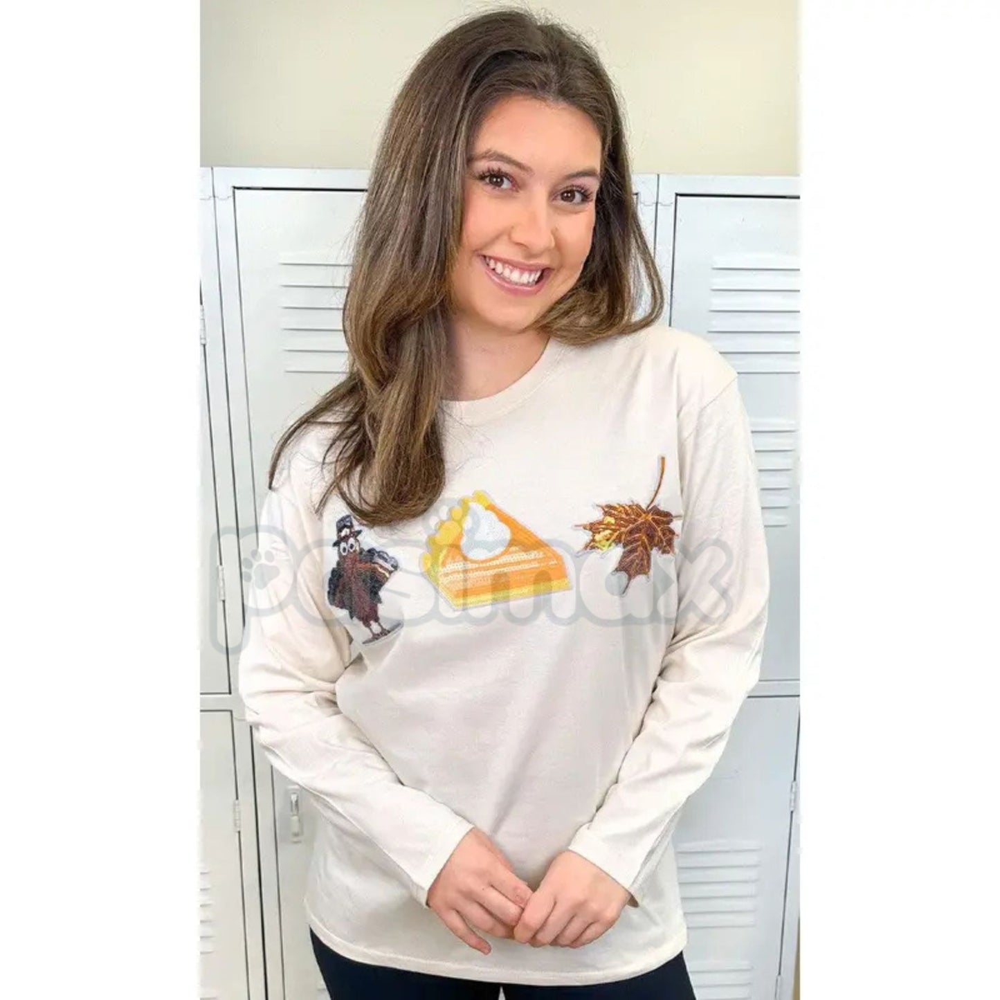 Thanksgiving Sparkle Boyfriend Long Sleeve T-Shirt - Oversized Holiday Glitter Tee, Festive Turkey Day Comfort Top, Unisex Autumn Graphic