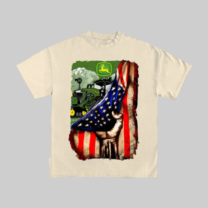 American Farm Pride T-Shirt - John Deere Tractor & US Flag Graphic, Outfit for Farmers