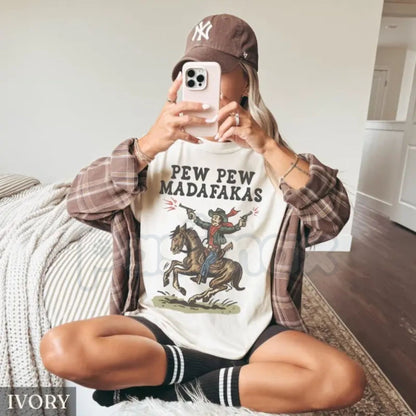 Comfort Colors® Retro Cowboy "Pew Pew Madafakas" T-Shirt – Funny Sarcastic Western Graphic Tee, Vintage Rodeo Aesthetic Shirt, Trendy Cowboy Gift