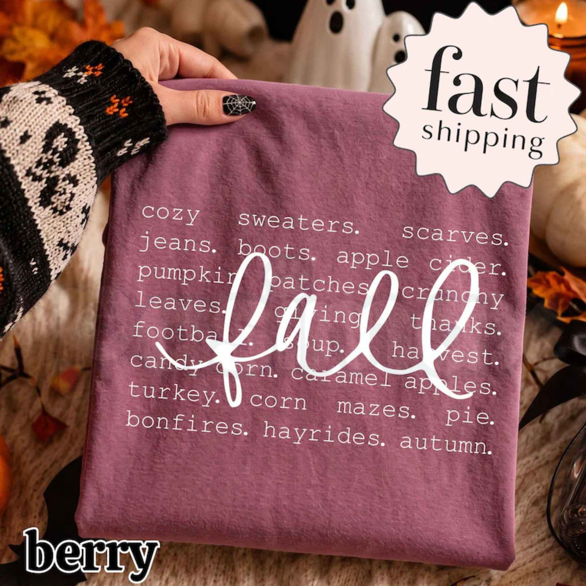 Comfort Colors® Cozy Fall T-Shirt – Autumn Favorites Word Graphic Tee, Pumpkin Patch & Thanksgiving Unisex Top & Gift