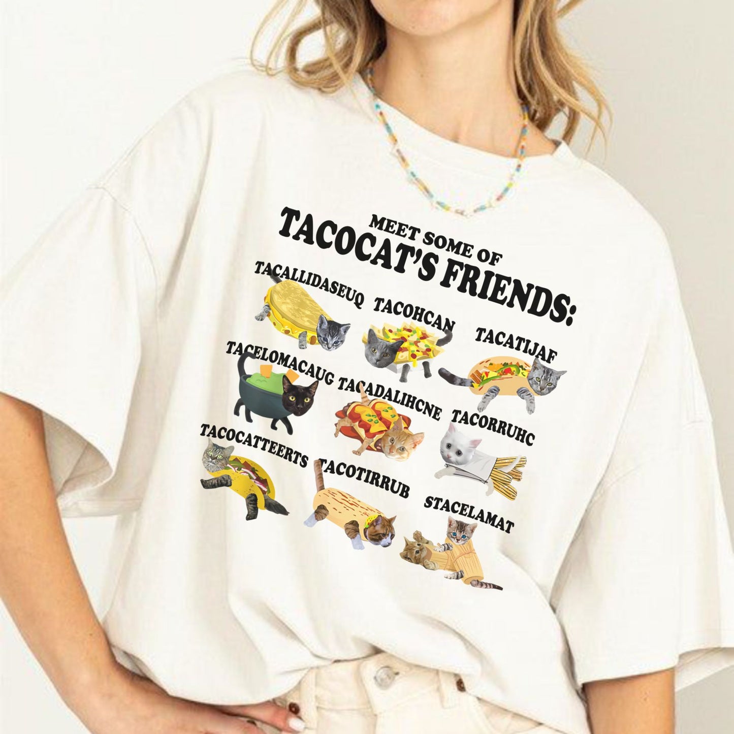 Tacocat and Friends T-Shirt - Funny Palindrome Cat Taco Graphic Tee, Unisex Humor Apparel