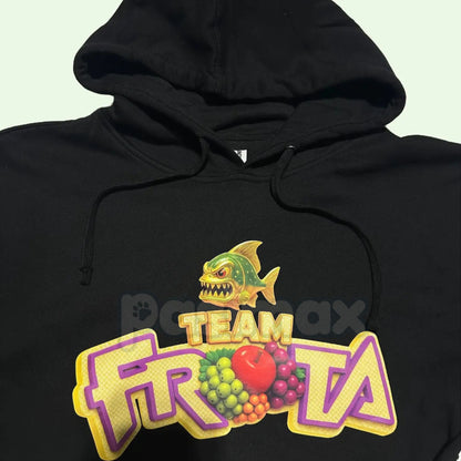 Team Fruta Hoodie – Black, Fruit Logo & Slogan "No Se Tienen Que Hay Piraña" Pullover, Medium Fit Casual Wear, Unisex