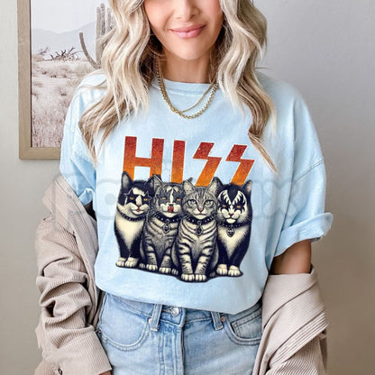 "Hiss" Funny Cats Rock T-Shirt – Kittens Rockin Graphic Tee, Premium 100% Cotton Heavy Metal Parody Top, Soft Lived-In Heavyweight Rock Band Cat Gift Shirt, Made in USA