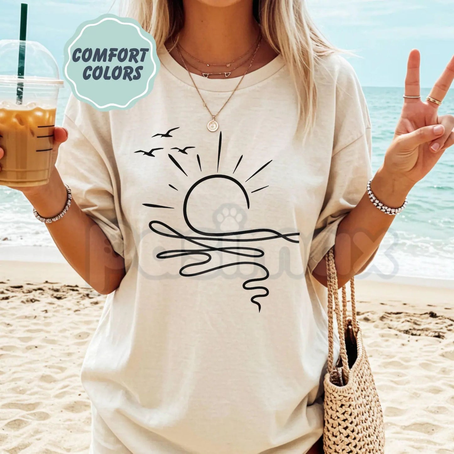 Comfort Colors® Vintage Sun and Ocean T-Shirt – Minimalist Linear Graphic Boho Summer Tee, Aesthetic Coastal Beach Vibes Shirt, Cute Vacation Gift