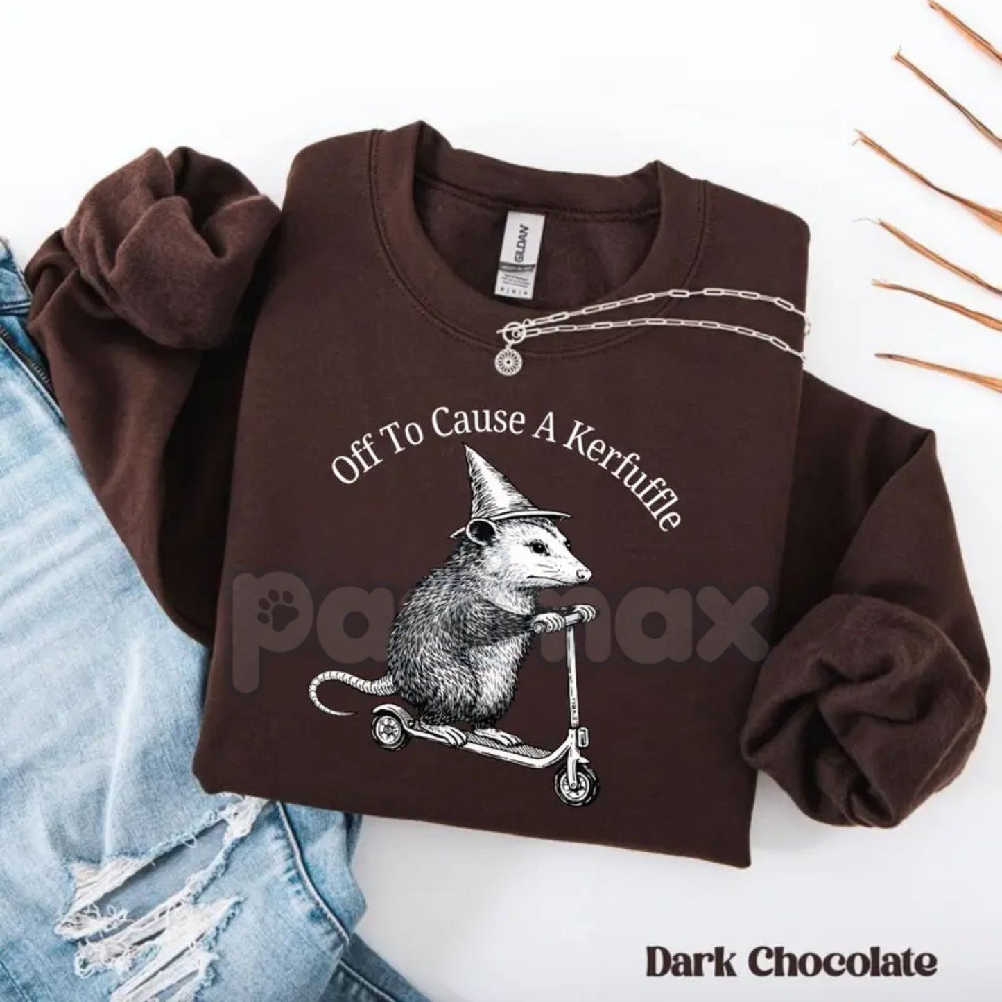 Off To Cause A Kerfuffle Sweatshirt | Funny Opossum Scooter Sweatshirt | Sarcastic Opossum Graphic Jumper | Chaos Energy Pullover | Whimsical Animal Meme Shirt | Weird Core Opossum Gift