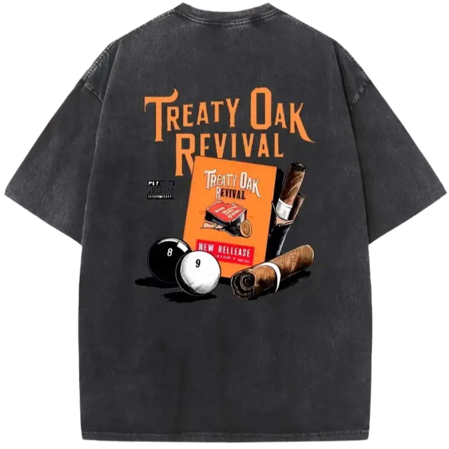 Retro Treaty Oak Revival Graphic T-Shirt – Black & Orange Print, Washed Cotton Band Tee