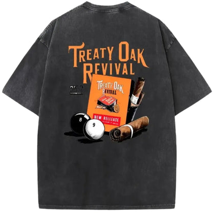 Retro Treaty Oak Revival Graphic T-Shirt – Black & Orange Print, Washed Cotton Band Tee