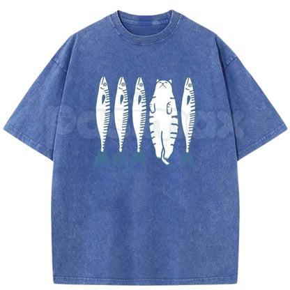 Cotton Acid Wash Short Sleeve Top Cat And Fish Cartoon Graphic T-Shirt – Retro Animal Illustration Tee, Vintage Washed Lightweight Cotton Unisex Streetwear Top