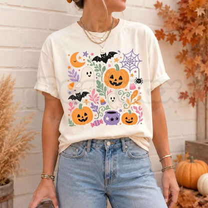 Comfort Colors® Floral Halloween T-Shirt – Spooky Season Graphic Tee, Preppy Fall Floral Pumpkin Unisex Top & Gift