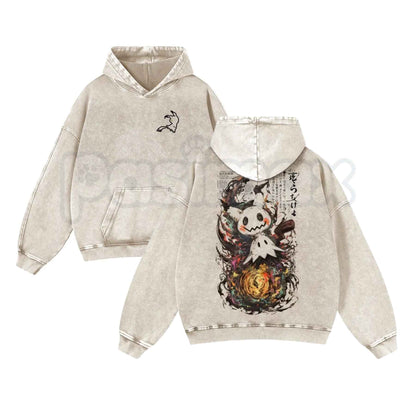 Mimikyu Japanese Ink-Wash Style Washed Hoodie – Yokai Pocket Graphic Pullover, Unisex Aesthetic Streetwear