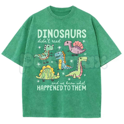 Dinosaurs Didn’t Read Dino Teacher Top – Book-Themed Washed Tee, Funny Retro Reading Literacy Graphic Lightweight Cotton Unisex Shirt