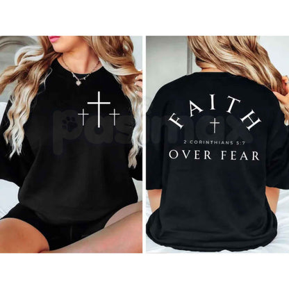 Pink Faith Over Fear 2 Corinthians 5:7 T-Shirt – Double-Sided Christian Cross Unisex Cotton Tee