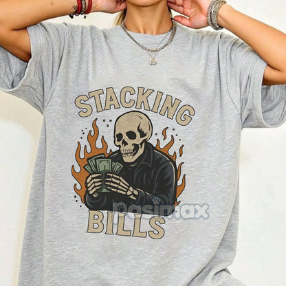 "100% Stacking Bills" T-Shirt - Funny Hustle Money Graphic Tee, Retro Skull Streetwear