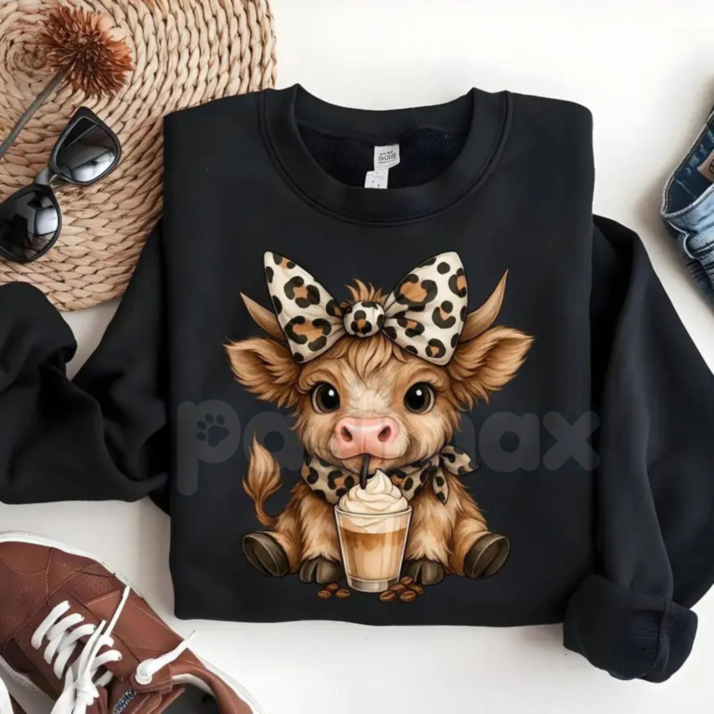 Highland Cow Iced Coffee Sweatshirt | Cute Cow with Leopard Bow & Scarf Jumper | Trendy Cattle Lover Gift | Cozy Farmhouse Crewneck