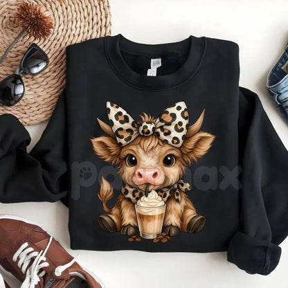 Highland Cow Iced Coffee Sweatshirt | Cute Cow with Leopard Bow & Scarf Jumper | Trendy Cattle Lover Gift | Cozy Farmhouse Crewneck