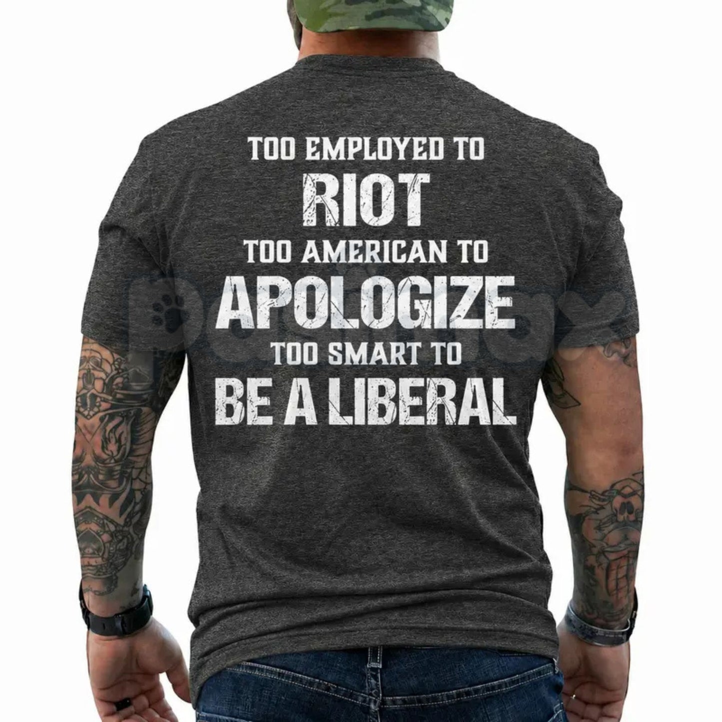 Too Employed Too American T-Shirt – Sarcastic Statement Typography Tee, Funny Hardworking Blue-Collar Graphic Shirt