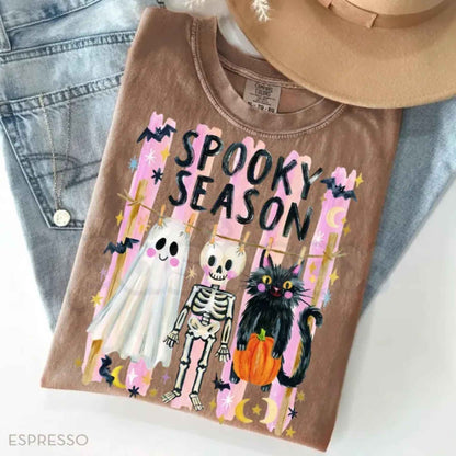 Comfort Colors® Preppy Spooky Season T-Shirt – Coquette Skeleton, Black Cat & Ghost Graphic Tee, Cute Halloween Fall Unisex Top