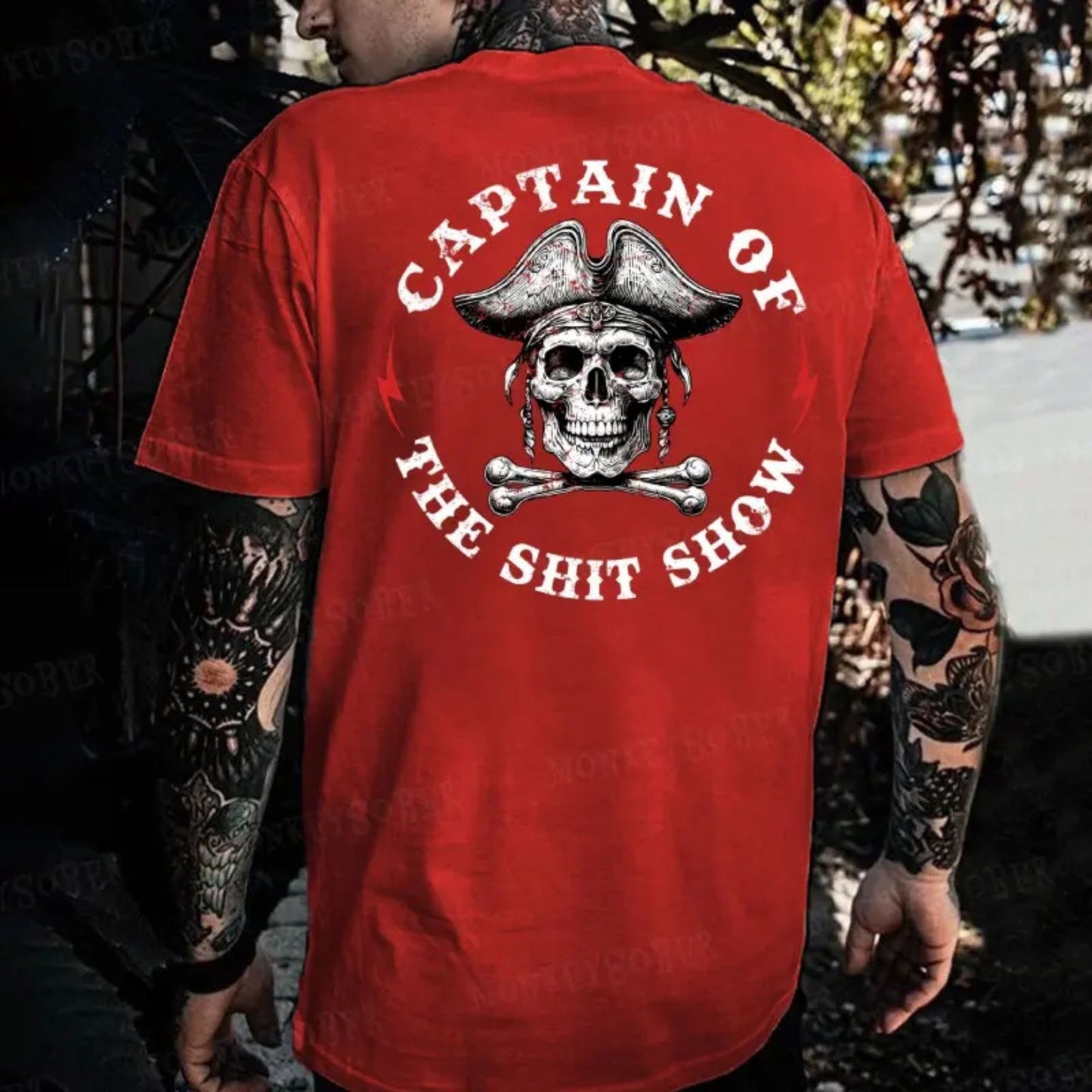 "Captain Of The Shit Show" T-Shirt - Skull Print Men's Tee, Funny & Casual Crewneck Top