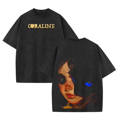 Coraline Retro Vintage T-Shirt – Washed Heavyweight Cotton, Unisex Movie Merch Tee