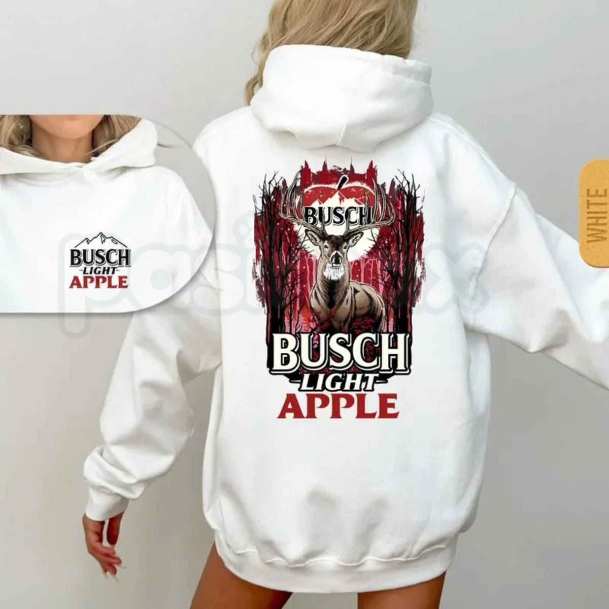 Buschhh Light Apple Hunting Hoodie – Retro Beer Can Camo Graphic Pullover, Outdoor Hunter Game Day Sweatshirt, Unisex Heavy Blend
