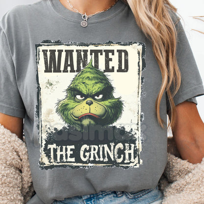Wanted Grinch Graphic T-Shirt - Dr. Seuss Funny Christmas Tee, Holiday Curmudgeon Apparel, Unisex Whoville Slogan Shirt