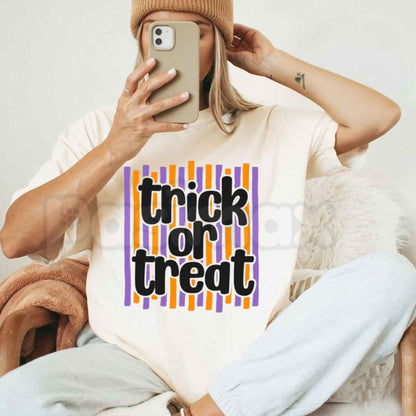 Comfort Colors® Trick or Treat Preppy Striped T-Shirt – Retro Pink & Orange Halloween Graphic Tee, Spooky Season Unisex Top & Gift