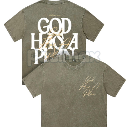 "God Has A Plan" Double Sided T-Shirt – Retro Washed Christian Letter Print, 230 GSM Cotton
