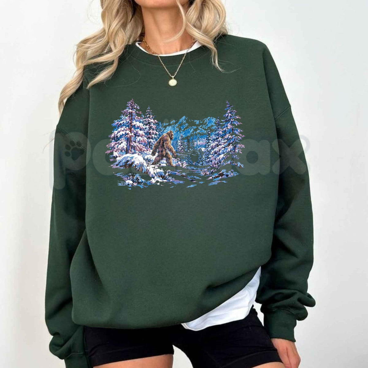 Vintage Sasquatch Snowy Forest Sweatshirt | Retro Bigfoot Winter Graphic Crewneck