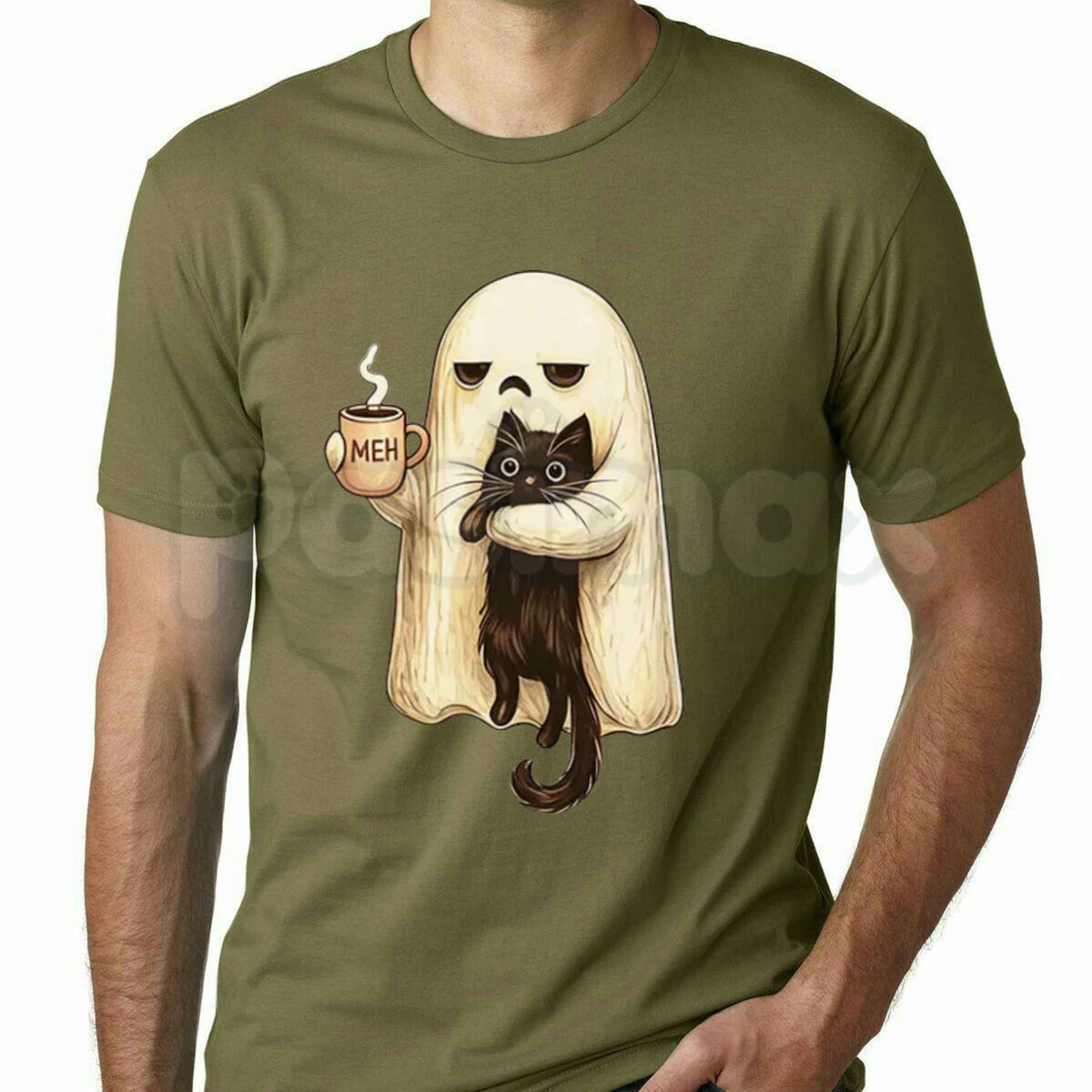 Ghost Cat Spooky Black Cat Halloween T-Shirt – Funny Coffee Lover Spooky Season Unisex Tee