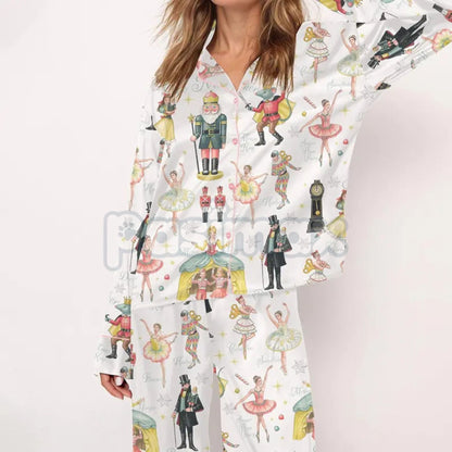 Silky Nutcracker Christmas Pajama Set for Women - Elegant Ballet Print Loungewear & Holiday Sleepwear